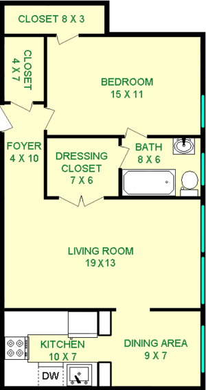 Jasmine one bedroom floorplan shows roughly 725 square feet, with a nedroom bathroom and living room connected with a dressing closet, dining area, kitchen, closets and foyer are also shown.