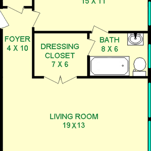 Patchouli one bedroom floorplan shows roughly 725 square feet, with a bedroom, bathroom and living room connected by a dressing closet. There is also a dining area, kitchen, foyer and closets shown.