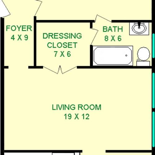 Sage one bedroom floorplan shows roughly 650 square feet with a bedroom, living room, bathroom, dining area, kitchen, dressing closet and foyer.