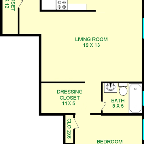 Tarragon One Bedroom floorplan shows roughly 785 square feet, with a bedroom, living room, dining area, kitchen, foyers and closets.