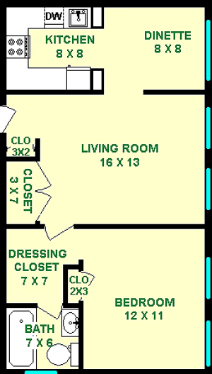 Thyme one bedroom floorplan shows roughly 620 square feet, with a living room, bedroom, bathroom, dressing closet, dinette, ktichen and closets.