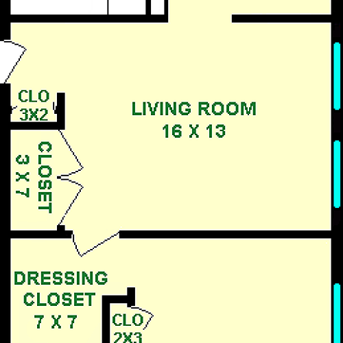 Thyme one bedroom floorplan shows roughly 620 square feet, with a living room, bedroom, bathroom, dressing closet, dinette, ktichen and closets.