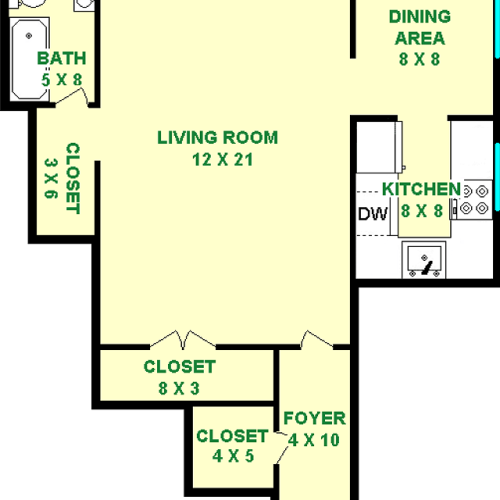 Mint Studio Floorplan shows roughly 520 square feet, witha living room, bathroom, dining area and kitchen. There are three closets as well.
