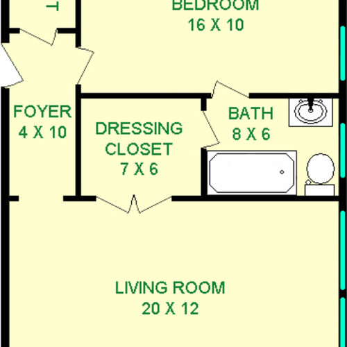 Chive Floorplan shows roughly 730 square feet, with a bedroom, bathroom and living room connected by a dressing closet. There is also a dining area, kitchen, foyer and closets.