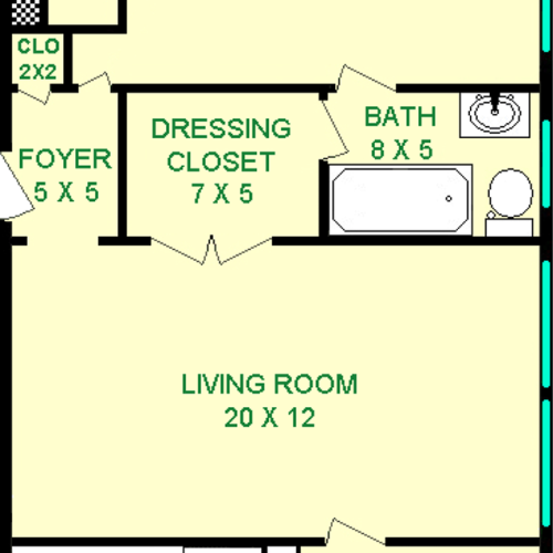 Goldenrod one bedroom floorplan shows roughly 720 square feet, with a bedroom, bathroom, and living room connected by a dressing closet. there is also a dining area, and a kitchen.