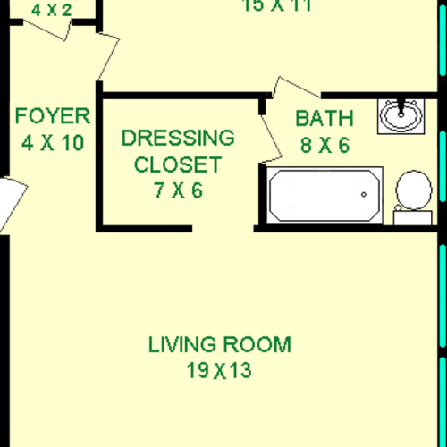 Lavender floorplan shows roughly 725 square feet, with a bedroom, bathroom and living room, connected by a dressing closet. there is also a dining area, kitchen foyer and closets are shown.