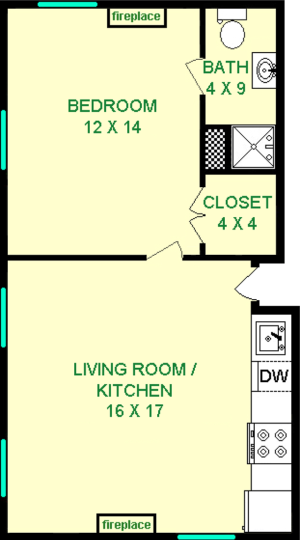 Bellflower one bedroom layout shows roughly 480 square feet with a living room/kitchen combination, a bedroo, bathroom, and clsoets.
