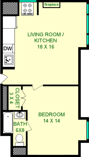 Begonia one bedroom floorplan shows roughly 515 square feet, with a bedroom, living room/kitchen, bathroom and closets.