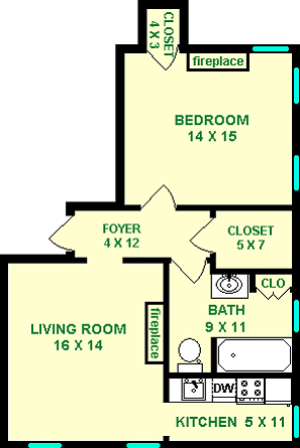 Bouvardia floorplan shows roughly 585 square feet, with a bedroom, living room, bathroom ,kitchen and closets.