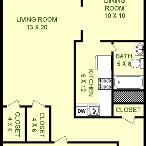 Mt. Washingotn Floorplan shows roughly 690 square feet, four closets, a kitchen, bathroom, dining room and living room