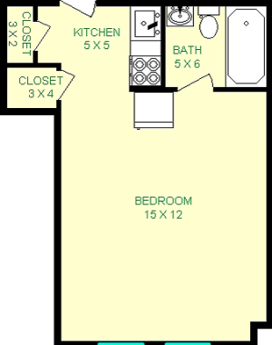 Tufa floorplan shows roughly 230 square feet, with a bedroom, kitchen, bathroom and two closets.