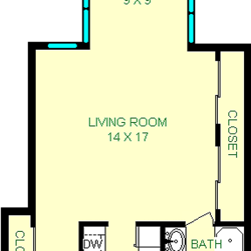 Freeport studio floorplan shows living room, sun parlor, kitchen, bathroom and hall.