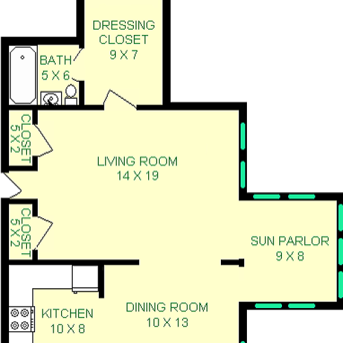 Hot Metal Studio floorplan shows roughly 670 square feet, with a dressing closet, bathroom, kitchen, dining room, sun parlor and Living Room.