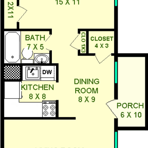 Armstrong Floorplan shows roughly 595 Square Feet, with a living room, dining room, porch, bathroom kitchen and bedroom.