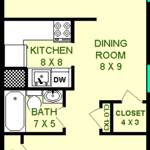 South Side Works One Bedroom floorplan shows roughly 595 square feet with a living room, dining room, kitchen, bathroom and bedroom