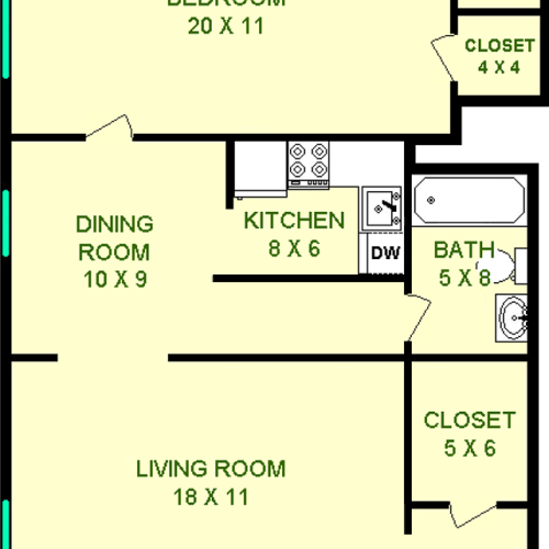 Wabash Floorplan shows roughly 720 square feet with closets, a living room, dining room, kitchen, bathroom and bedroom.