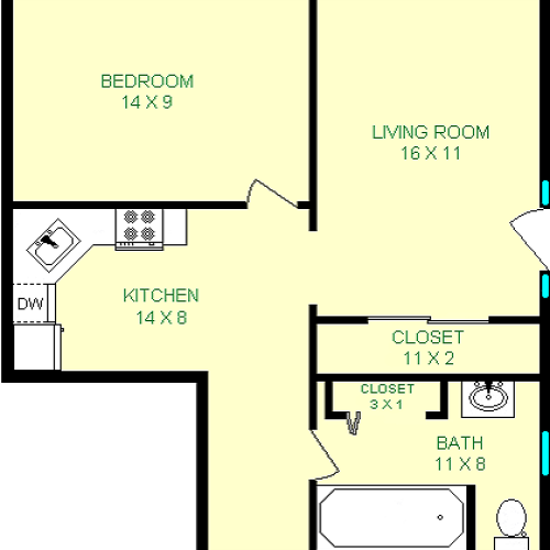 Mansfield one bedroom floorplan shows bedroom, living room, Kitchen, bath and closet