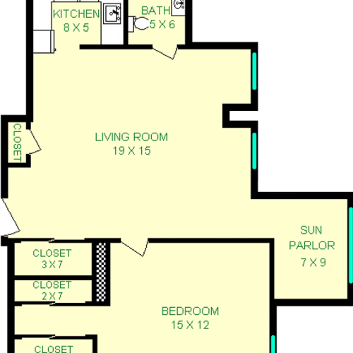 Larimer one bedroom floorplan shows roughly 710 square feet, with a living room, sun parlor, kitchen, bathroom, bedroom and multiple closets.