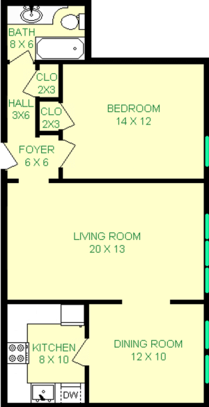 Smithfield one bedroom floorplan shows roughly 716 Square feet, with a living room, bedroom, dining room, kitchen, and bathroom. Many closets are shown as well.