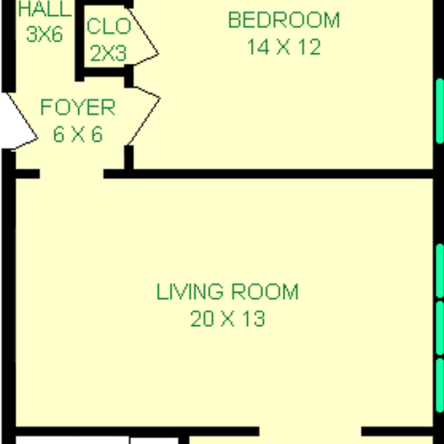 Smithfield one bedroom floorplan shows roughly 716 Square feet, with a living room, bedroom, dining room, kitchen, and bathroom. Many closets are shown as well.