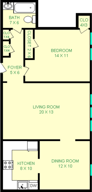 Manchester One bedroom floorplan shows Living Room, Dining Room, Kitchen, Bedroom and Bathroom.