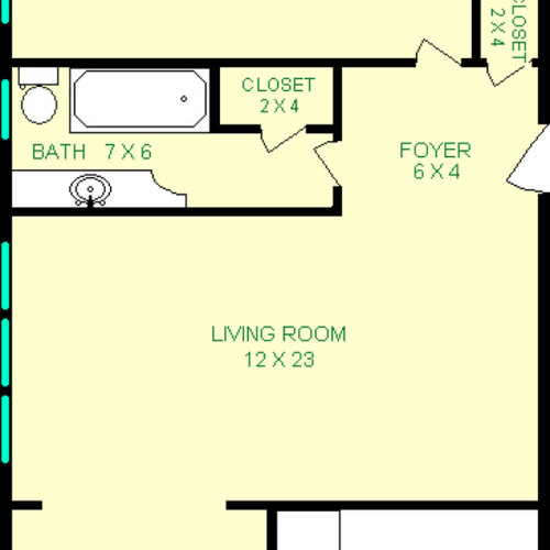 Mosside one bedroom floorplan shows roughly 760 square feet, with a bedroom, bathroom, living room, dining room kitchen, and multiple closets.
