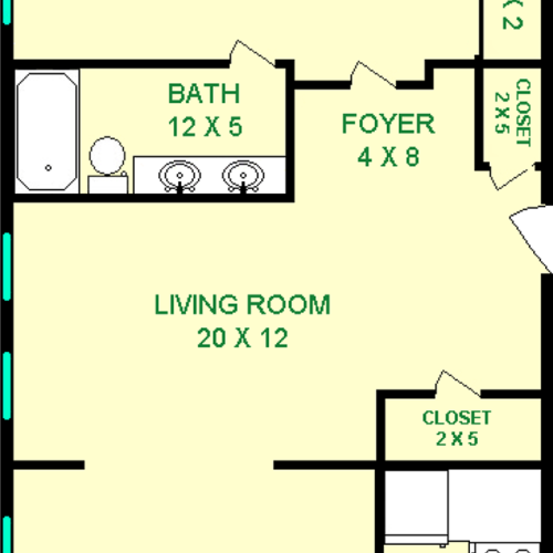 West End One Bedroom Floorplan shows roughly 760 square feet, a living room, bedroom, bathroom, dining room and kitchen.