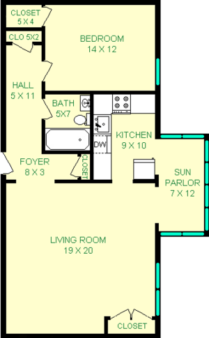 Glenwood One Bedroom Floorplan shows roughly 844 square feet, with a living room, bedroom, hall, sun parlor, ktichen and private bathroom