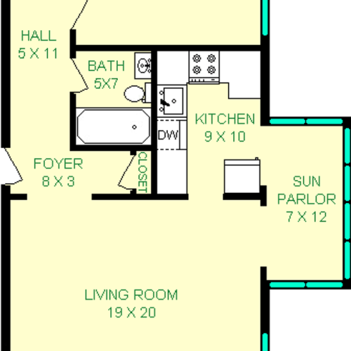 Fern Hollow Floorplan shows roughly 844 square feet, with a bedroom, living room, bathroom, kitchen and sun parlor.