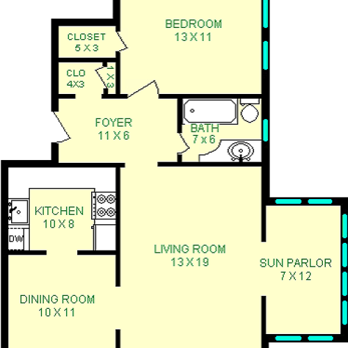 Elizabeth one bedroom floorplan shows a living room, a sun parlor, a dining room, a kitchen, a foyer, a bathroom and a bedroom.