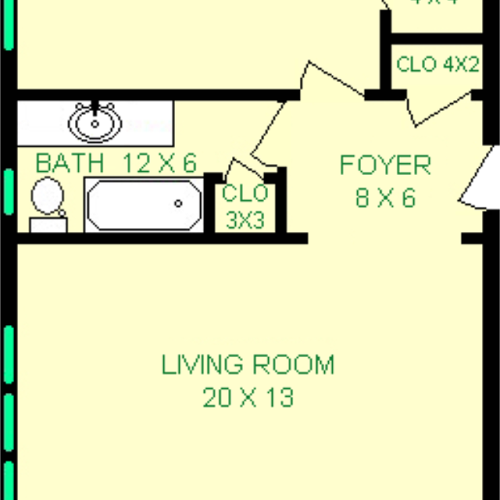 Brady floorplan shows roughly 874 square feet with a living room, dining room, kitchen, foyer, bathroom and bedroom