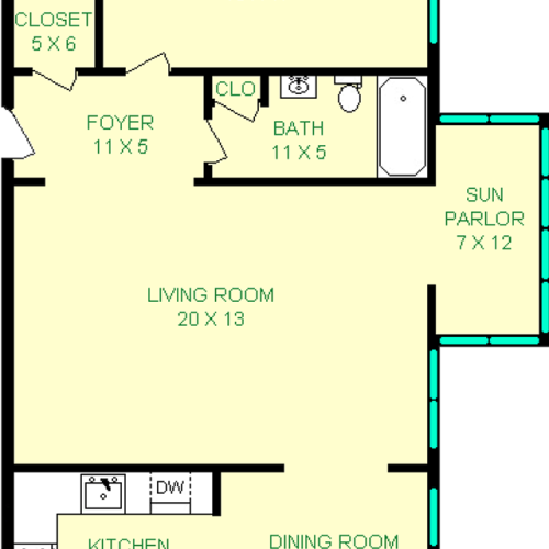 Lincoln One Bedroom Floorplan shows roughly 924 square feet, with a bedroom, living room, sun parlor, dining room, kitchen and bathroom