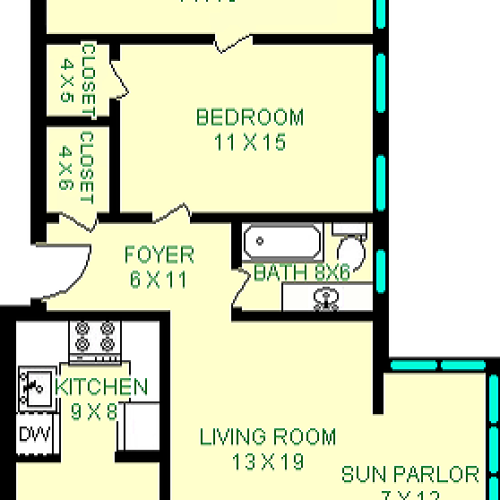 Ft. Duquesne Floorplan shows roughly 1020 square feet with a foyer, living room, kitchen, sun parlor, dining room, bedroom, and a den.