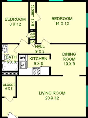 Corliss two bedroom floorplan shows roughly 790 square feet, with two bedrooms, a kitchen and dining room, living room, bathroom and closets.