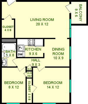 Stowe two bedroom floorplan shows roughly 790 square feet. living room, balcony, dining room, kitchen, bathroom and two bedrooms are shown.