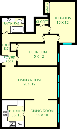 Veterans two bedroom floorplan shows roughly 866 square feet with two bedrooms, a bathroom, a dining room, a kitchen and a living room.