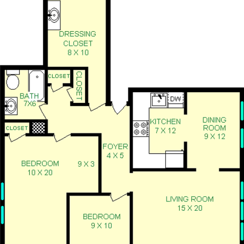 Birmingham two bedroom floorplan shows roughly 1070 square feet, with two bedrooms, a bathroom, kitchen, dining room, dressing closet and living room.