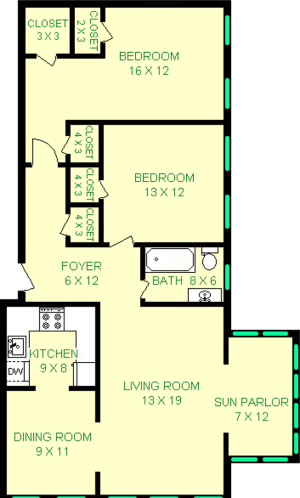 Brilliant two bedroom floorplan shows roughly 1082 square feet, with two bedrooms, living room, Dining Room, Kitchen, Sun Parlor, and bathroom