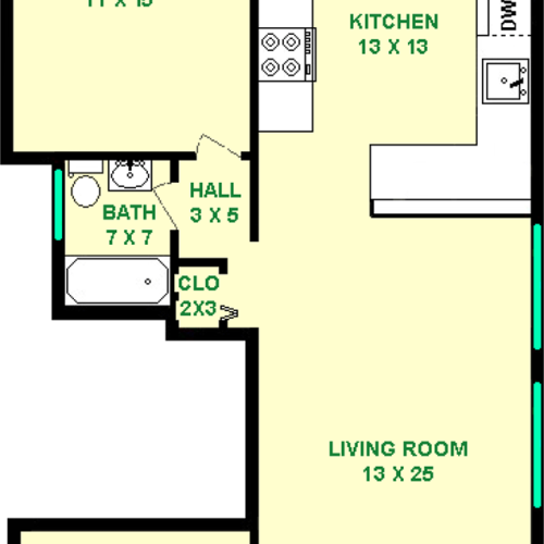 Morning Glory One Bedroom Floorplans hows roughly 950 square feet with a foyer, living room, bedroom, bathroom and a kitchen