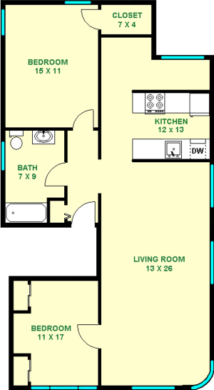 Two Bedroom Marigold Floorplan shows roughly 1015 square feet with two bedrooms a bathroom, kitchen and closets.