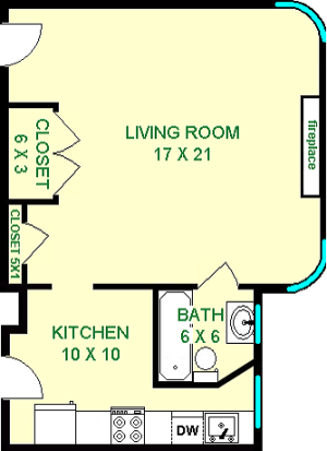 Lovejoy studio apartment shows roughly 510 square feet, with a living room, kitchen, bathroom and closets