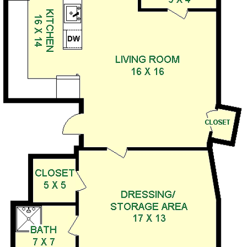 Magarac Studio floorplan shows roughly 765 square feet with the living room, dressing/storage area, bathroom, kitchen, and three closets.