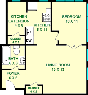 Woodwell One Bedroom floorplan shows roughly 480 square feet, with a living room, bedroom, kitchen and kitchen extension, bathroom and foyer.