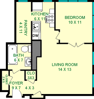 Sellers One Bedorom floorplan show 520 square feet, with a living room, bedroom, bathroom, kitchen, pantry and foyer