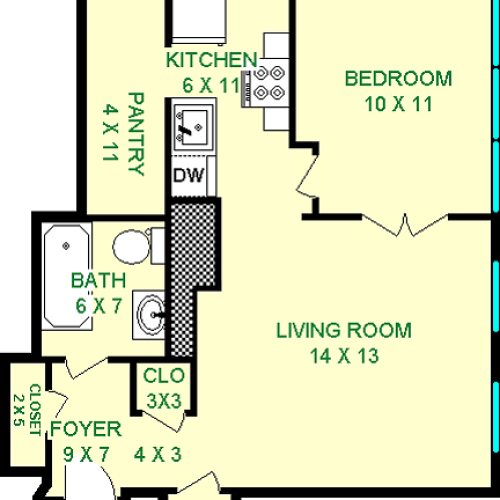 Sellers One Bedorom floorplan show 520 square feet, with a living room, bedroom, bathroom, kitchen, pantry and foyer