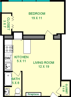 Mellon One Bedroom Floorplan shows roughly 550 square feet, with a bedroom, living room, kitchen, bathroom and closets.