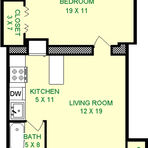 Mellon One Bedroom Floorplan shows roughly 550 square feet, with a bedroom, living room, kitchen, bathroom and closets.
