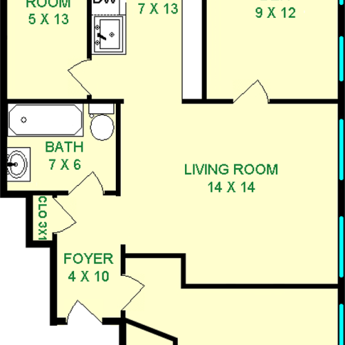 Frew One Bedroom floorplan shows roughly 725 square feet, with a mud room, kitchen, den, foyer, bathroom bedroom and living room.