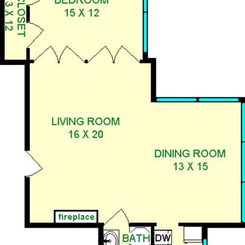 English one bedroom apartment shows roughly 810 square feet, with a bedroom, living room, bathroom dining room and kitchen.