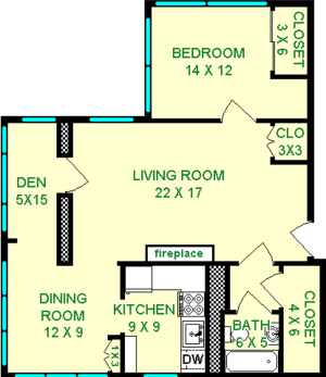 Hunt One Bedroom floorplan shows roughly 885 square feet with a living room, bedroom, dining room, bathroom, kitchen and den. Multiple closets are shown.